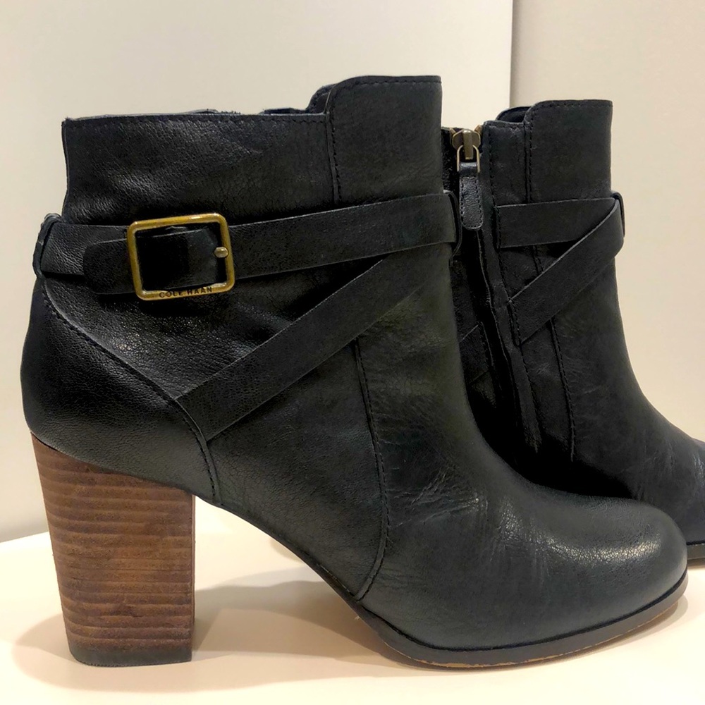 Cole Haan Black Leather Ankle Boots with Brown Stacked Heel